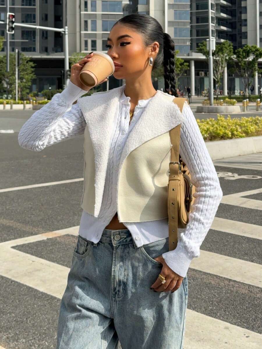 SHEIN EZwear Chaleco de mujer con forro de sherpa de unicolor para otoño/invierno