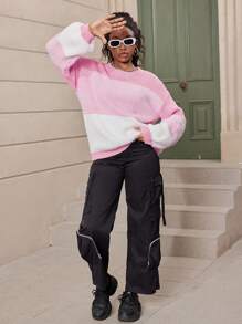 Teen Girl Casual & Minimalist Patchwork Thick Knit Fluffy Sweater, Showcase Fashion & Sophistication