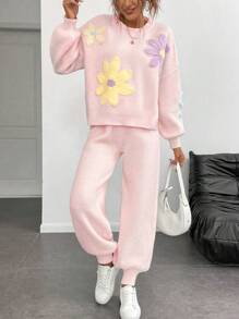 Chiquease European And American Stylish Vintage Colorful Floral Loose Fit Crew Neck Lantern Sleeve Casual Oversized Sweater Set, Autumn/Winter