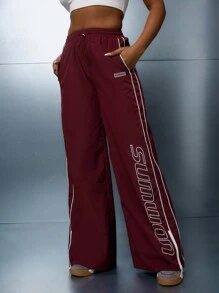 SUMWON WOMEN Nylon Wide Leg Jogger With Piping And Graphic Print