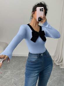 Elenzga 女士撞色拼布蝴蝶结装饰长袖休闲毛衣