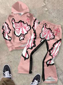 SHEIN Casual Tween Boy Two-Piece Set, Oversized Stylish Cool Hip Hop Punk Skull Graphic Print Hoodie Sweatshirt & Pants