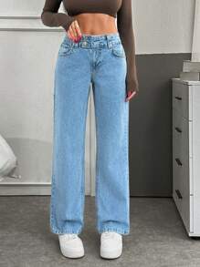 EURMUSE Low Waist Double Button Straight Jean - Light Wash - View 4