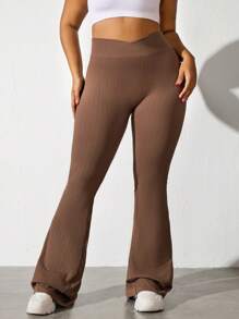 Easithlete Plus Size Women Flared High Waist Solid Color Sports Leggings - Khaki - View 6