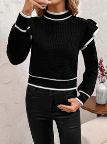 SHEIN Clasi Women's Black & White Striped Elegant Waffle Knit Patchwork Ruffle Collar Long Sleeve Sweater