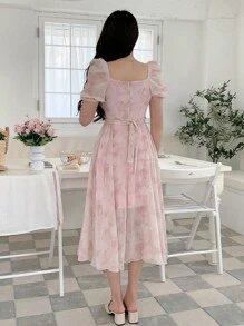 DAZY 女式碎花短袖中长款收腰连衣裙