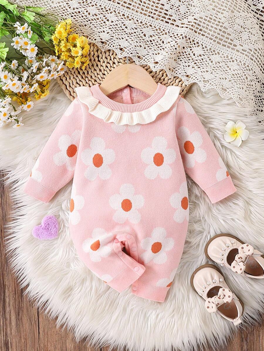 SHEIN Infant Girls' Fashionable Cute Versatile Knit Romper - Baby Pink - View 1