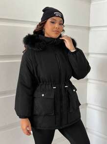 SHEIN EZwear Plus Size Women Solid Color Drawstring Waist Long Sleeve Hooded Casual Padded Coat, For Winter - Black - View 4