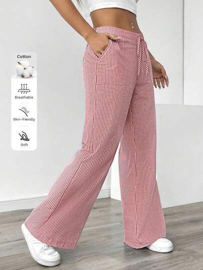 Pariaura Women Striped Low Waist Wide Leg Trousers, Casual Resort Wear For New Year Clothes Fall Cloth For Women