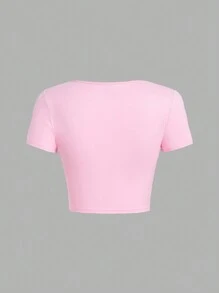 SHEIN EZwear Damska, swobodna, jednokolorowa, kwadratowa, obcisła koszulka z krótkim rękawem i kwadratowym dekoltem