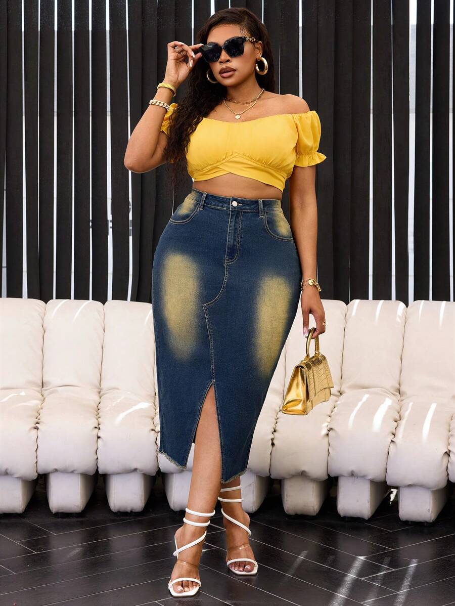 Slaydiva Plus Size Denim Elastic Vintage Retro Maxi Skirt - Medium Wash - View 1