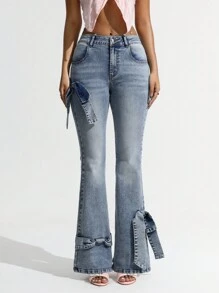 SHEIN ICON Women's Front Button Pocket Casual Denim Flare Pants With Bow Decor Low Rise Skinny Flared Jeans - Light Wash - View 2