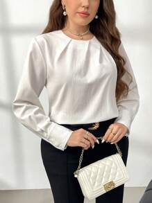 SHEIN Privé Camisa casual de manga larga con cuello de volantes, corte entallado, para uso de oficina, tallas grandes para mujer