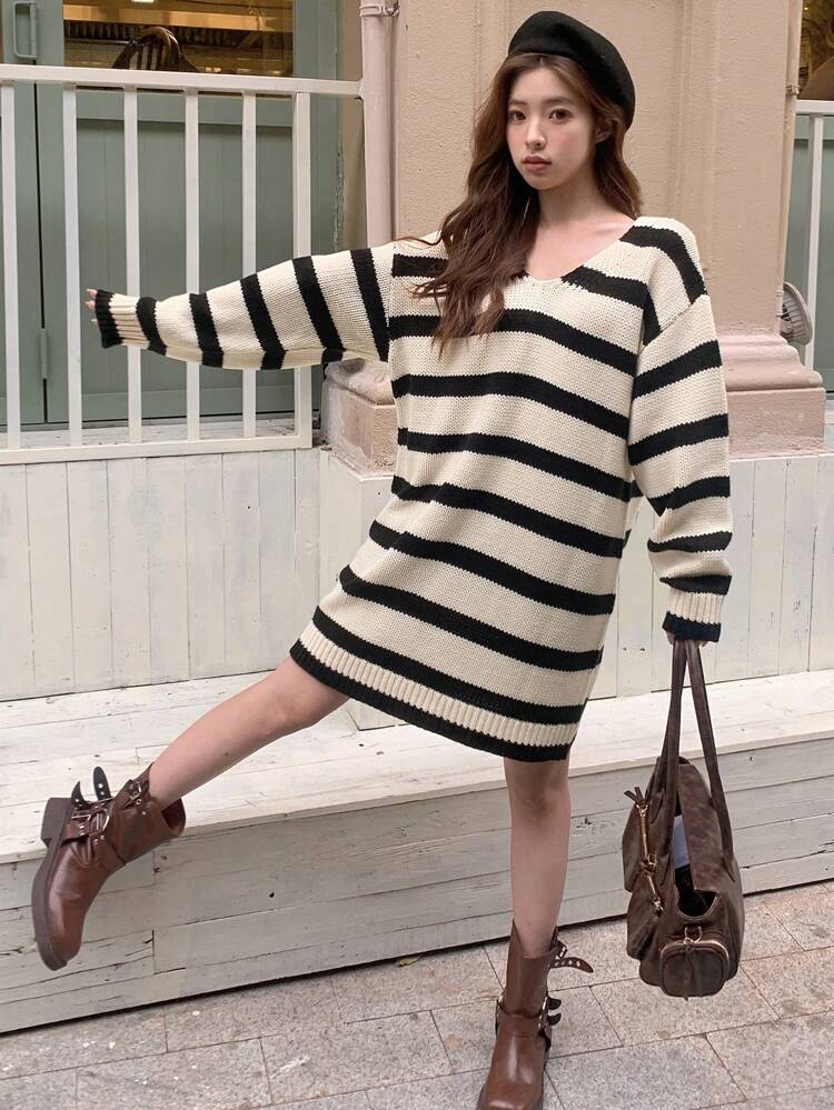 Women's Autumn/Winter Casual Contrast Stripe Knit Sweater Dress