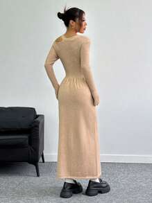 Flirla Women Bowknot Waist Fitted Long Sleeve Knit Dress Fall Cloth For Women - Khaki - View 2