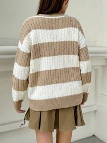 Jouncy Women Casual Color Block Cable Knit Drop Shoulder Loose Pullover Sweater For Autumn/Winter Knit Pullover Fall - Multicolor - View 4