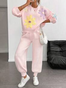 Chiquease European And American Stylish Vintage Colorful Floral Loose Fit Crew Neck Lantern Sleeve Casual Oversized Sweater Set, Autumn/Winter