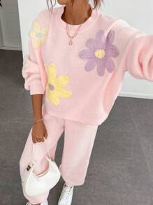 Chiquease European And American Stylish Vintage Colorful Floral Loose Fit Crew Neck Lantern Sleeve Casual Oversized Sweater Set, Autumn/Winter