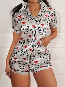 SweetSlumber Cute Panda Ins Style Heart Pattern Satin Collar Ladies Pajama Set