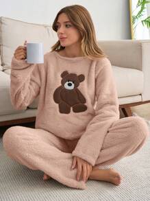 SHEIN Cottnline 2pcs Plush Bear Embroidery Detail Homewear PJ Set - Baby Pink - View 4