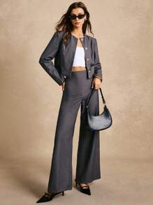 Poéselle Women's Casual Solid Color High Waist Wide Leg Dress Pants