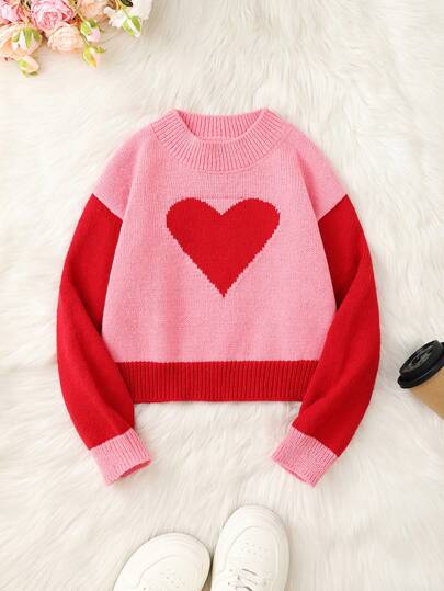 Jersey de punto de bloques de color con patrón de corazón informal para niñas preadolescentes, otoño/invierno