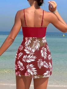 Swim Lushoire 2025 Frauen Strand Urlaub tropische Pflanzen Muster lässiges Spaghetti-Träger Schwimm-Kleid, zufälliger Muster Sommer - Rot - Übersicht 2