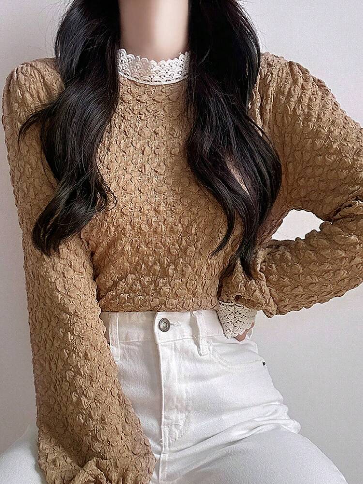 Women Contrast Lace Stand Collar Lantern Sleeve Elegant Long Sleeve White T-Shirt