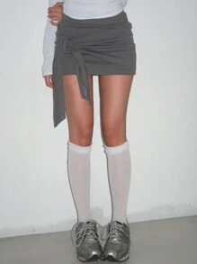 DAZY Women Plain Color Lace-Up 2 In 1 Skirt, Grey, All Season Y2k Fall Skirts - Grey - View 5