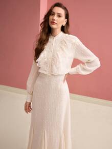 PREMIUM WOMEN'S JACQUARD LACE RUFFLE TRIM GODET HEM LONG DRESS - Beige - View 8