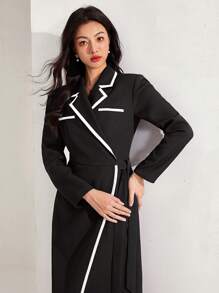 Heiryn Women Contrast Piping Lapel Collar Wrap Tie Long Dress, Spring/Autumn