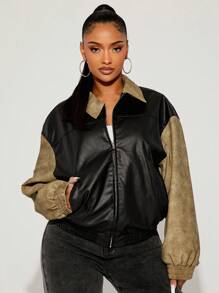 SHEIN SXY Autumn/Winter Black & Khaki Color Block Distressed PU Race Car Driver Jacket For - Multicolor - View 4