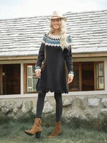 LanaWest Women's Fairisle Jacquard Geometric Pattern Long Sleeve Sweater Dress - Black - View 4