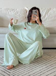 DAZY 2 piezas Conjunto de pijama holgado con rayas y decoración de manzana lindo para mujer, ropa de otoño e invierno - Verde - Ver 4