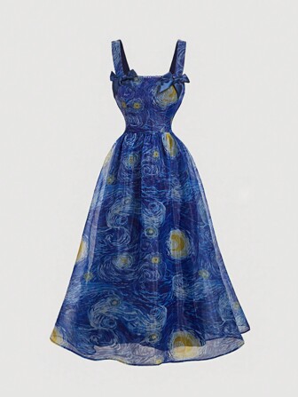 SHEIN MOD Blaues Van Gogh Sternenhimmel Gemälde Muster Retro Frauen Kleid Sommerkleid Silvesteroutfit Urlaubsoutfit Schleifenkleid