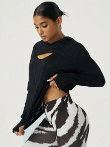 SHEIN Sports 女士黑色镂空极简休闲卫衣长袖上衣 - 黑色 - 查看 4