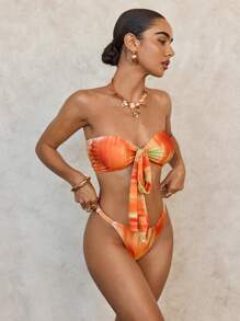 SHEIN Swim Basics Women's Sexy Tie-Dye Print Bandeau Bikini Set