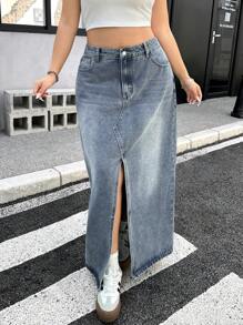 SHEIN ICON Váy denim chữ A xẻ tà thường ngày cỡ lớn - Màu xanh lam - Xem 1