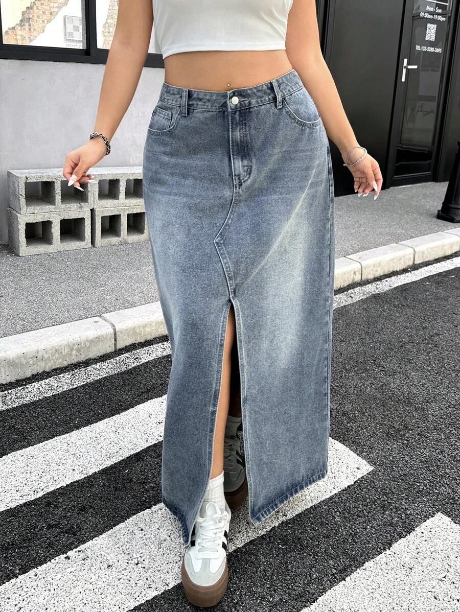 SHEIN ICON Váy denim chữ A xẻ tà thường ngày cỡ lớn - Màu xanh lam - Xem 1