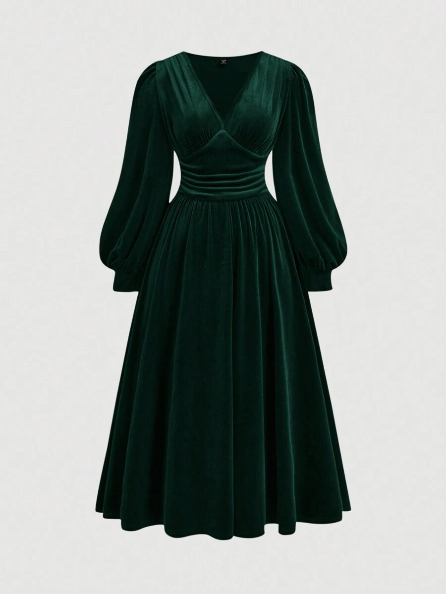SHEIN MOD Plus Size Women Velvet Cinched Waist Lantern Sleeve Midi Dress, Autumn/Winter - Dark Green - View 1