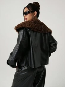 SHEIN ICON Chaqueta de mujer con bloque de color, cuello de piel y cierre diagonal, para otoño/invierno