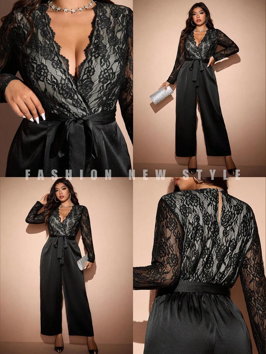 Allurite 大码纯色交叉裹身蕾丝拼布系腰长袖连体裤 - 黑色 - 查看 1