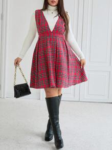 Celure Vestido de peto casual/de trabajo con cuello en V a cuadros para mujer de talla grande, para otoño/invierno