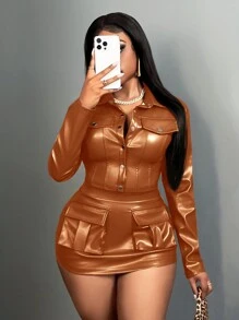 Slaydiva Bộ áo khoác da PU tay dài một hàng khuy trơn màu thu đông cho nữ và chân váy midi túi hộp thời trang - Màu Khaki - Xem 5