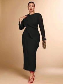 SHEIN BAE Vestido de manga larga de malla ajustado con cuello redondo, color rojo sólido, diseño de volantes multicapa, adecuado para fiestas de cócteles, citas románticas, vestido de punto de otoño e invierno, fiesta, evento formal, boda, dama de honor, cena, Halloween, Navidad, tallas grandes