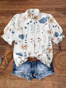 SHEIN LUNE Plus Size Front Button Short Sleeve Allover Print Casual Top, Everyday Wear Fall - Multicolor - View 1