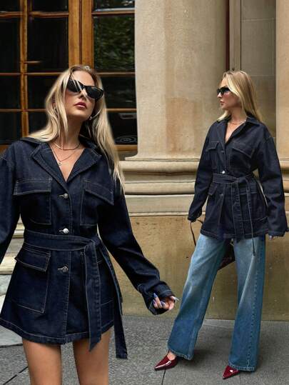 SHEIN Forever 21 Höst & Vinter Dam Svart Blå Jeansjacka Jul Nyår Fest Damkappa Svart Blå Kappa Helg Nyår Lös Kappa Långärmad Kappa Nyårsafton Nyår Julfest Dam Denim Helg Dam Helg Jul Y2k Lös Krage Retro Festkläder Blå Tvättad Med Fickor Gatustil Bälte Elegant Vardagskläder Casual Jeansjacka