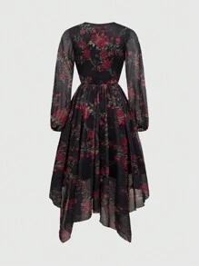ROMWE Fairycore Women's V-Neck Floral Mesh Waisted Mid-Length Dress, Spring And Autumn, For New Year - Multicolor - View 3