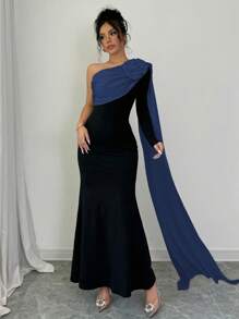 Lyxana 女士优雅派对撞色拼布不对称领口 3D 花卉装饰美人鱼连衣裙 - 藏蓝色 - 查看 5