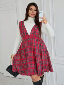 Celure Vestido de peto casual/de trabajo con cuello en V a cuadros para mujer de talla grande, para otoño/invierno